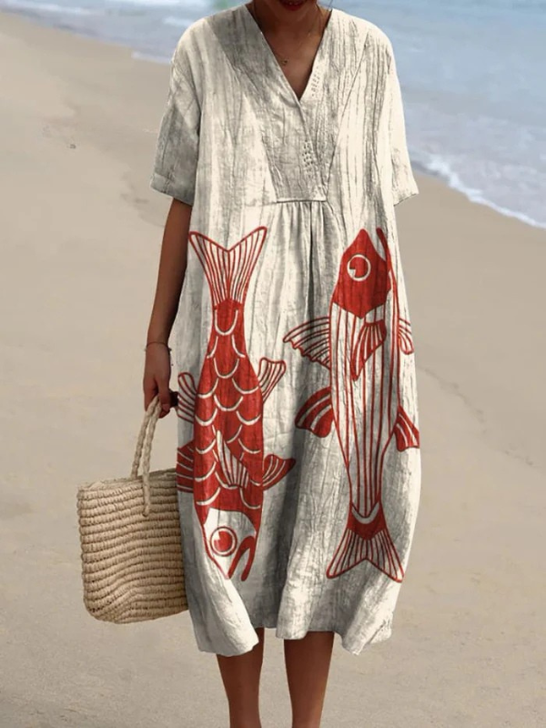 Mika - Flowy Red Fish Art Print Dress