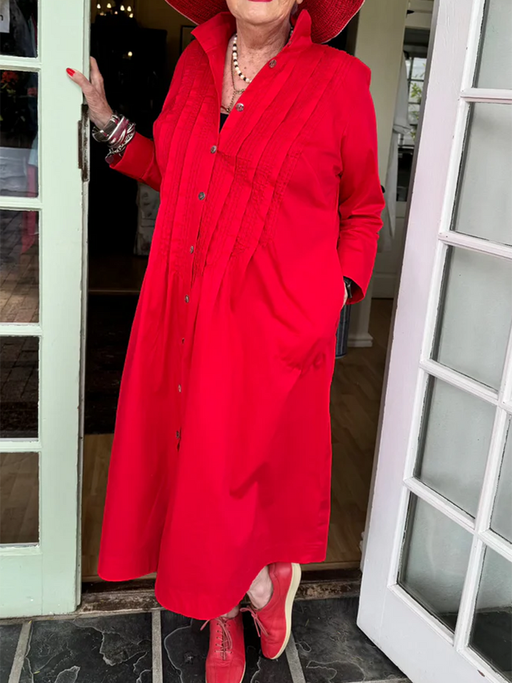 Accordion-pleated Shirt Collar Cotton and Linen Dress